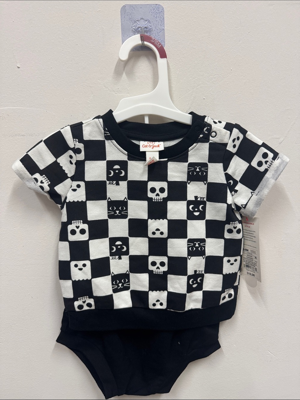Cat & Jack Black and White Checkerboard Skull & Face Short-Sleeve Top